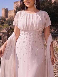 Aureia Plus Size Elegant Formal Romantic Fashion Pink Chiffon Fabric Rhinestone Embellished Ruched Bodycon A-Line Party Evening Wedding Dress Gown Autumn - Apricot - View 5