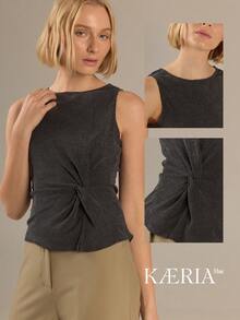KÆRIA Hus Ruched Asym Tank Top - Textured Stretch - Grey Marle - Comfortable, Modern, Soft Touch, Effortless - Black - View 7