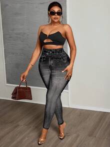 SHEIN CURVE+ Plus Size Denim Effect Leggings Music Festivals Office Business Black Ripped, Fall Winter 2026 22W - Multicolor - View 5