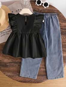 SHEIN Genkimix Kids 女童可愛簡約休閒荷葉邊無袖上衣與時尚珠飾牛仔褲2件套 - 黑色 - 查看 2