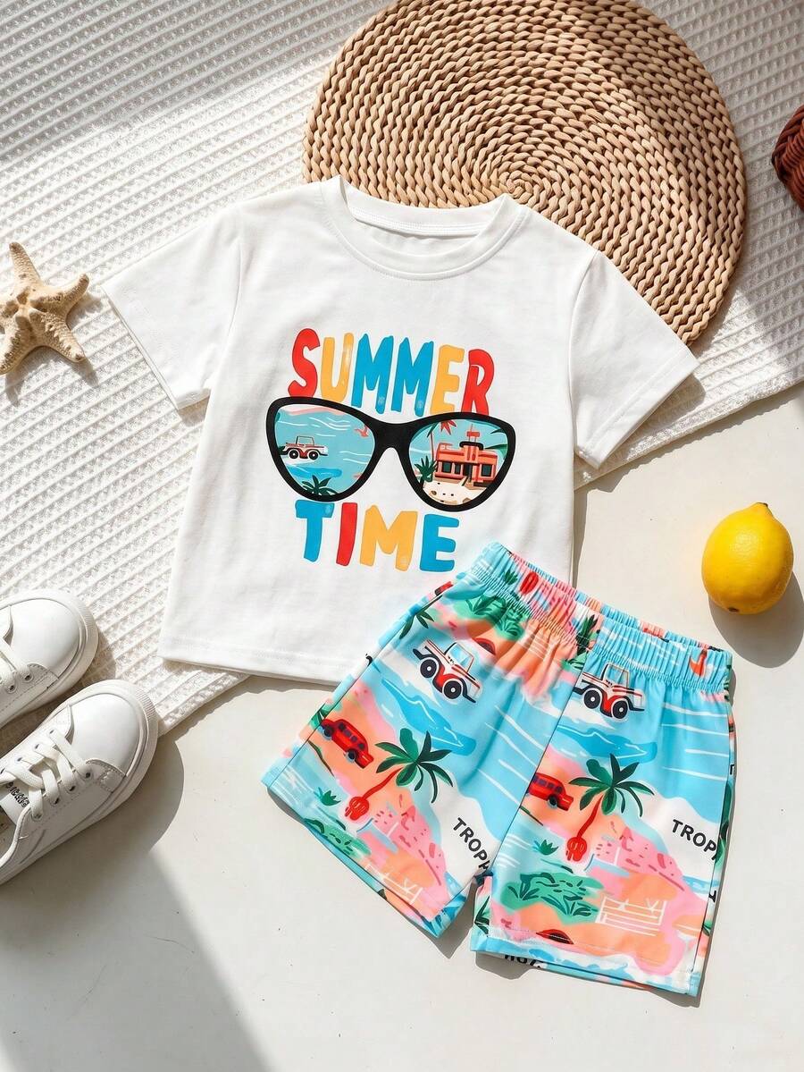 SHEIN Streecool Kids 小男孩圓領字母印花短袖T恤與鬆緊腰短褲休閒日常套裝 - 彩色 - 查看 1
