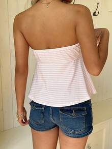 CovetEZ Women's Front Tie Striped Ruched Bandeau Top - Pink - View 4