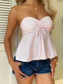 CovetEZ Women's Front Tie Striped Ruched Bandeau Top - Pink - View 7