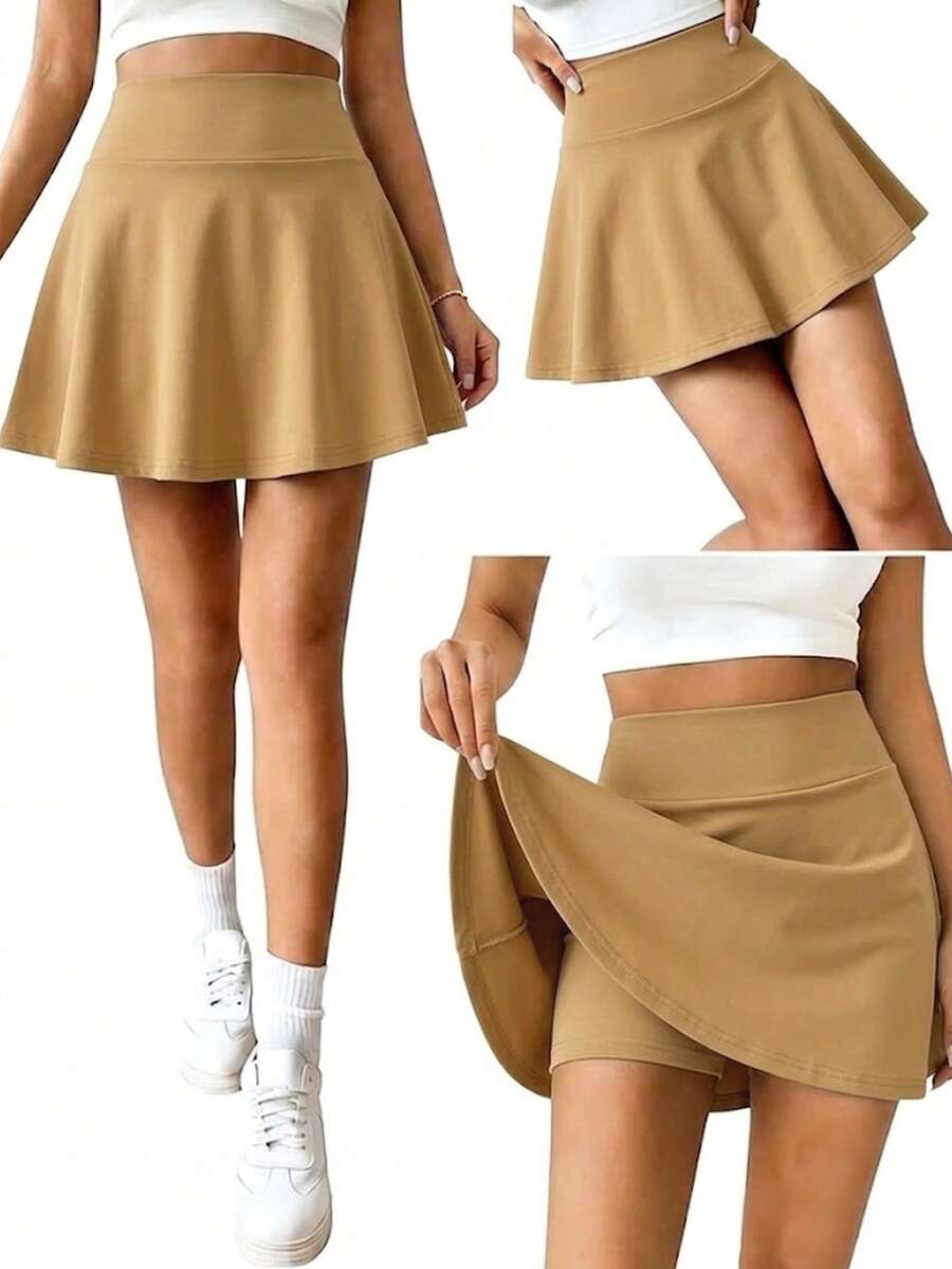 SHEIN 青少年女孩秋季休閒工裝寬鬆純色裙,內含短褲,開學穿搭,百褶設計,日常套裝,正式舞會淺色水洗 - 卡其色 - 查看 1
