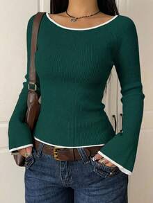 SHEIN Cottnline Fashionable Casual Ribbed Fitted Flare Sleeve Women Sweater - Dark Green - View 5