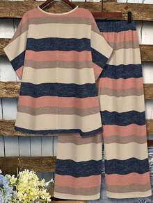 EMERY ROSE Plus Size Casual Colorblock Striped Crew Neck Short Sleeve Top And Pants 2-Piece Set, Comfortable For Summer Daily Wear - Multicolor - View 2