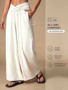 SHEIN Unity Women's Casual Versatile Loose Comfortable Solid Color Wide Leg Pants - Beige - View 1