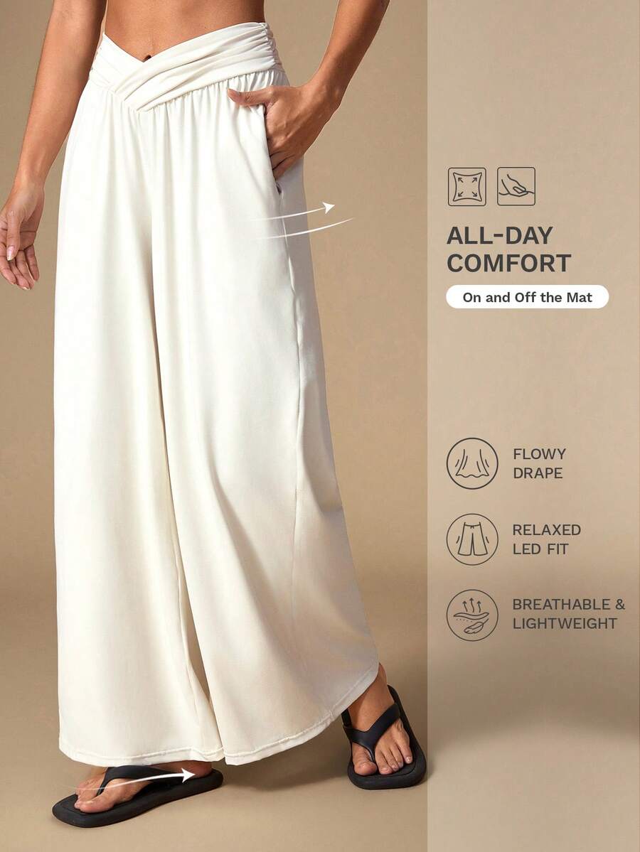 SHEIN Unity Women's Casual Versatile Loose Comfortable Solid Color Wide Leg Pants - Beige - View 1