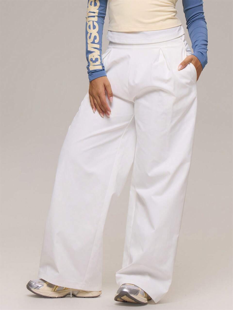 White Wide Leg Parachute Pleat Pants Winter Casual Day Comfy Outfit Cool  White Womens Pants