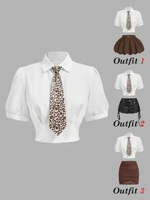 SHEIN MOD 女款短款花瓣袖單排扣短版襯衫 - 白色 - 查看 2
