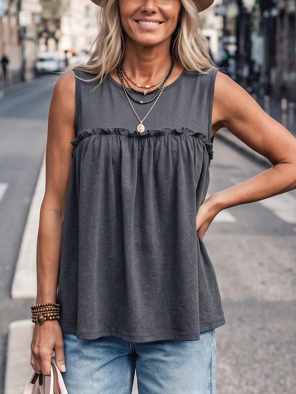 LanaWest Women's Summer Grey Knit Round Neck Patchwork Frill Trim Pleated A-Line Western Casual Tank Top, Suitable For Vacation And Daily Commute
