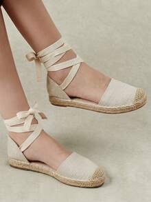 Styleloop Ladies, Straw Twine, Herringbone Straps, Flat Shoes. - Apricot - View 10