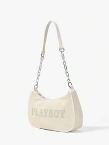 Missguided x Playboy 水鑽 Logo 絲絨肩背包，附鏈條背帶，法棍包/波希米亞包/手拿包，晚宴派對度假禮物 - 米色 - 查看 2