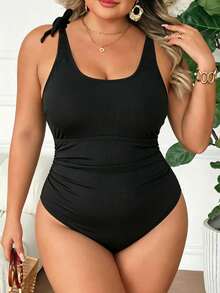 SHEIN CURVE+ Plus Size Women's Solid Color Textured Fabric Thick Strap One-Piece Swimsuit Beach Summer Eleganza - Black - View 7