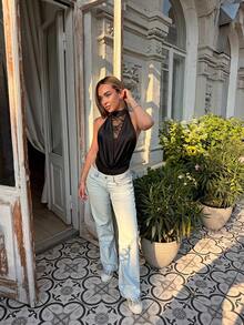 Katetique Women's Elegant Black Lace Patchwork Halter Neck Bodysuit, Tight Fit,Summer Night Out Cocktail Party,Gathering,Valentine's Day, Date - Black - View 1