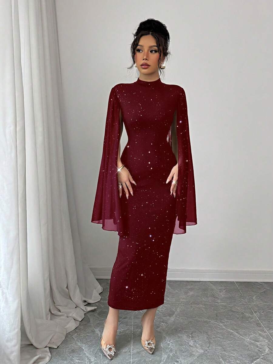 Elenzga Crewneck Flocking Foil Patchwork Slim Fit Women Party Dress Fall Cloth For Women