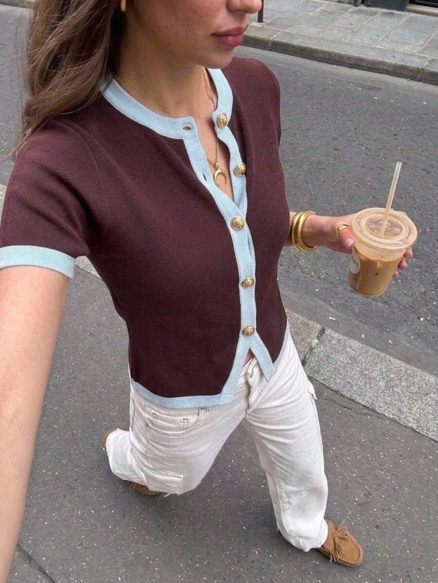 Serisse 女款對比色單排扣短袖薄款針織開襟衫，棕色與藍色，夏季法式優雅早午風