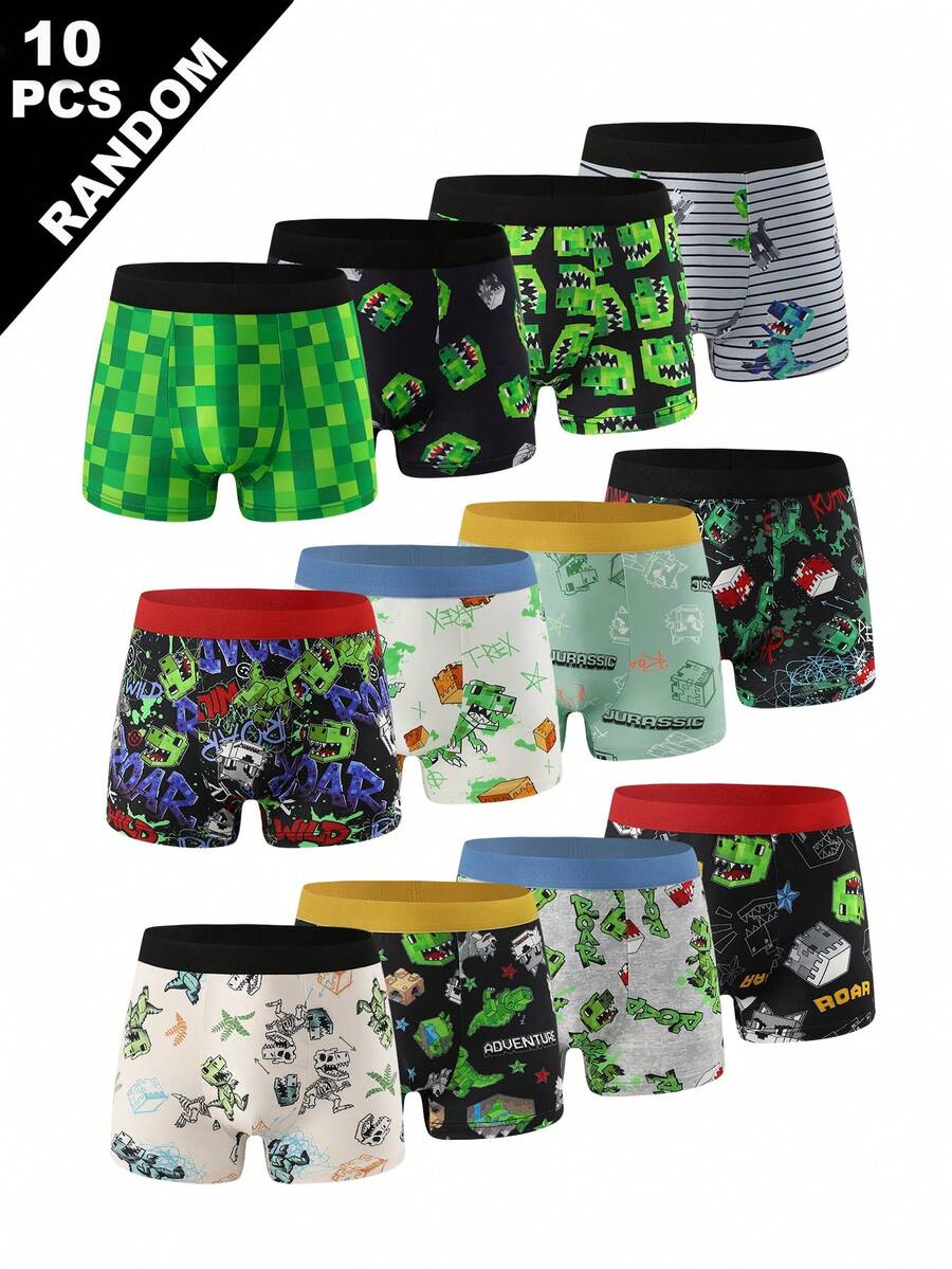 Random 10pcs Big Boys' Comfortable Boxer Briefs, Green Block & Dinosaur Print, Kids' Cartoon Underwear - Multicolor - View 1