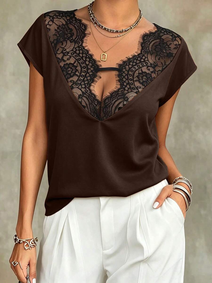 Weeklong Plus Size Women's Spring/Summer Lace Trim Patchwork Contrast Color Casual Vacation Blouse - Brown - View 1