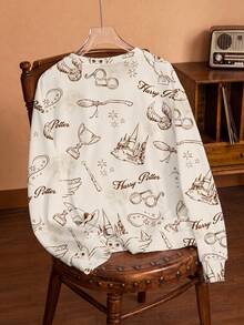 HARRY POTTER X SHEIN Women's Letter Print Casual Daily Long Sleeve Sweatshirt - White - View 2