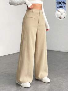 SHEIN PETITE Low Waist Solid Color Wide Leg Pants, Cotton Corduroy, Comfortable For Autumn/Winter - Apricot - View 4