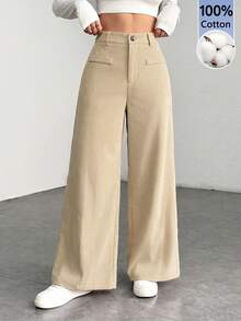 SHEIN PETITE Low Waist Solid Color Wide Leg Pants, Cotton Corduroy, Comfortable For Autumn/Winter - Apricot - View 5