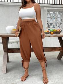 EMERY ROSE Plus Size High Waist Tapered Leg Tie-Up 7/10 Pants Spring/Summer - Yellow - View 5