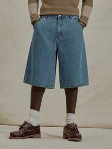 Musero Oversized Crop Length Zip Through Shorts Branded Embroided Patch - Medium Wash - View 4