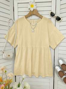 SHEIN EZwear 100%純棉奶油黃編織女款襯衫，夏季上衣，適合日常通勤、約會、聚會、秋冬/夏季、聖誕節、新年、感恩節、派對、婚禮、海灘、畢業典禮、時尚、優雅、休閒、外出、約會、預約、通勤、亮面、情人節、優雅、度假、假期 - 淡黃色 - 查看 6