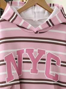 女童圓領粉色與棕色拼接字母NYC休閒日常返校抓絨內裡運動衫，適合春秋冬季的多功能校園風 - 彩色 - 查看 6