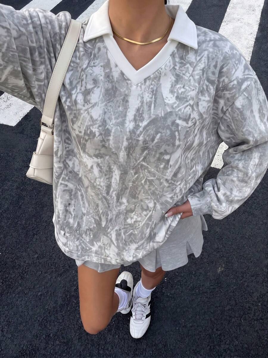 Muchica 休閒街頭風白色對比色女款 Polo 領仿水洗迷彩樹枝印花長袖寬鬆衛衣,適合秋冬 - 彩色 - 查看 1