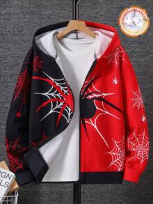 SHEIN Jaket Rajut Tebal Berkerudung dengan Resleting Motif Jaring Laba-laba dan Laba-laba untuk Remaja Laki-laki, Cocok untuk Kembali ke Sekolah - MultiWarna - View 8