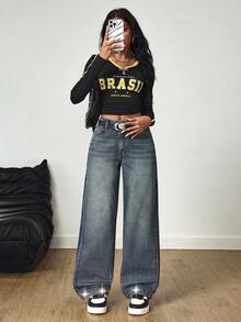 SHEIN Tall Y2K Casual Tall Fashion Street Vintage Rivet Washed Straight Leg Jeans Everyday School Blue Summer - Dark Wash - View 5