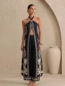 Swim Oasis Vacation Minimalist Tropical European American Print 2 Pieces Set Halter Neck Sleeveless Long Top Casual Loose Long Pants Beach Black Beige Summer - Black - View 1
