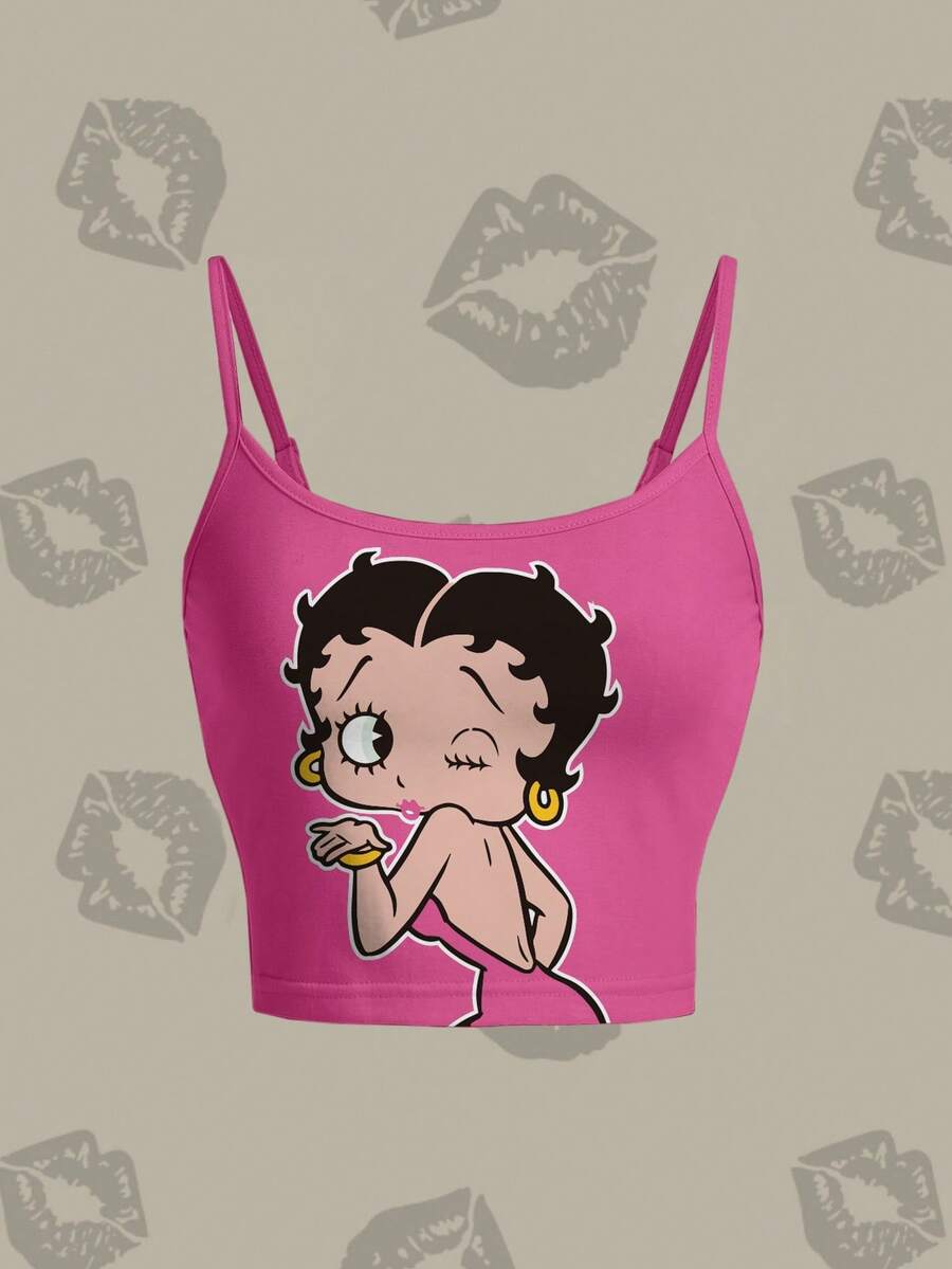 Betty Boop x SHEIN 女款卡通印花休閒百搭細肩帶背心 - 白色 - 查看 1