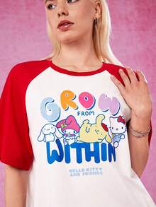 HELLO KITTY AND FRIENDS | SHEIN T-shirt décontracté avec manches raglan contrastantes à imprimé dessin animé et lettre graphique pour l'été - Blanc - Voir 5
