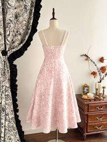 Vintamour Vintage Romantic Classic Elegant Women's Fitted Jacquard Dress With Pearl Trim, Spaghetti Strap Pink Umbrella Hem Party Vacation Wedding - Pink - View 3