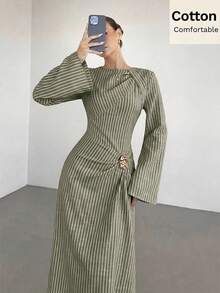 Siren Gaze 女款純色扭結設計前金屬扣裝飾喇叭袖長袖洋裝，女款婚禮賓客禮服，女款冬季洋裝 - 軍綠色 - 查看 5