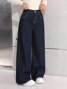 SHEIN Teen Girl Loose Wide Leg Dark Blue Denim Jeans - Dark Wash - View 8