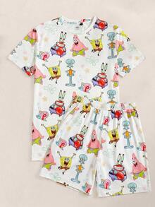 SpongeBob SquarePants | SHEIN Men's Cute Printed Crew Neck Short Sleeve Top And Casual Shorts Pajama Set, - White - View 1