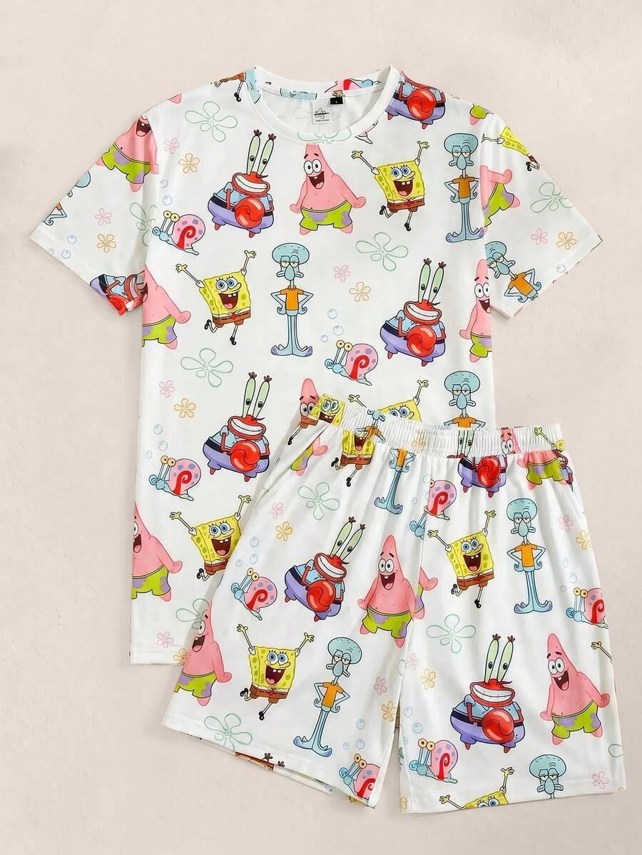 SpongeBob SquarePants | SHEIN Men's Cute Printed Crew Neck Short Sleeve Top And Casual Shorts Pajama Set, - White - View 1