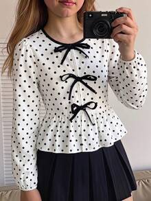 Tween Girl Polka Dot Print Front Tie Ruffle Hem Blouse - White - View 1
