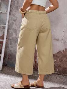 EMERY ROSE EMERY ROSE Plus Size Women's Pocket Side Slit Wide Leg Loose Casual Cropped Denim Jeans - Khaki - View 2