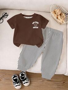 1 Random Set,, Print Round Neck Sleeve  T-Shirt And Matching Striped Long Pants Casual Outfit For Boys - Multicolor - View 2