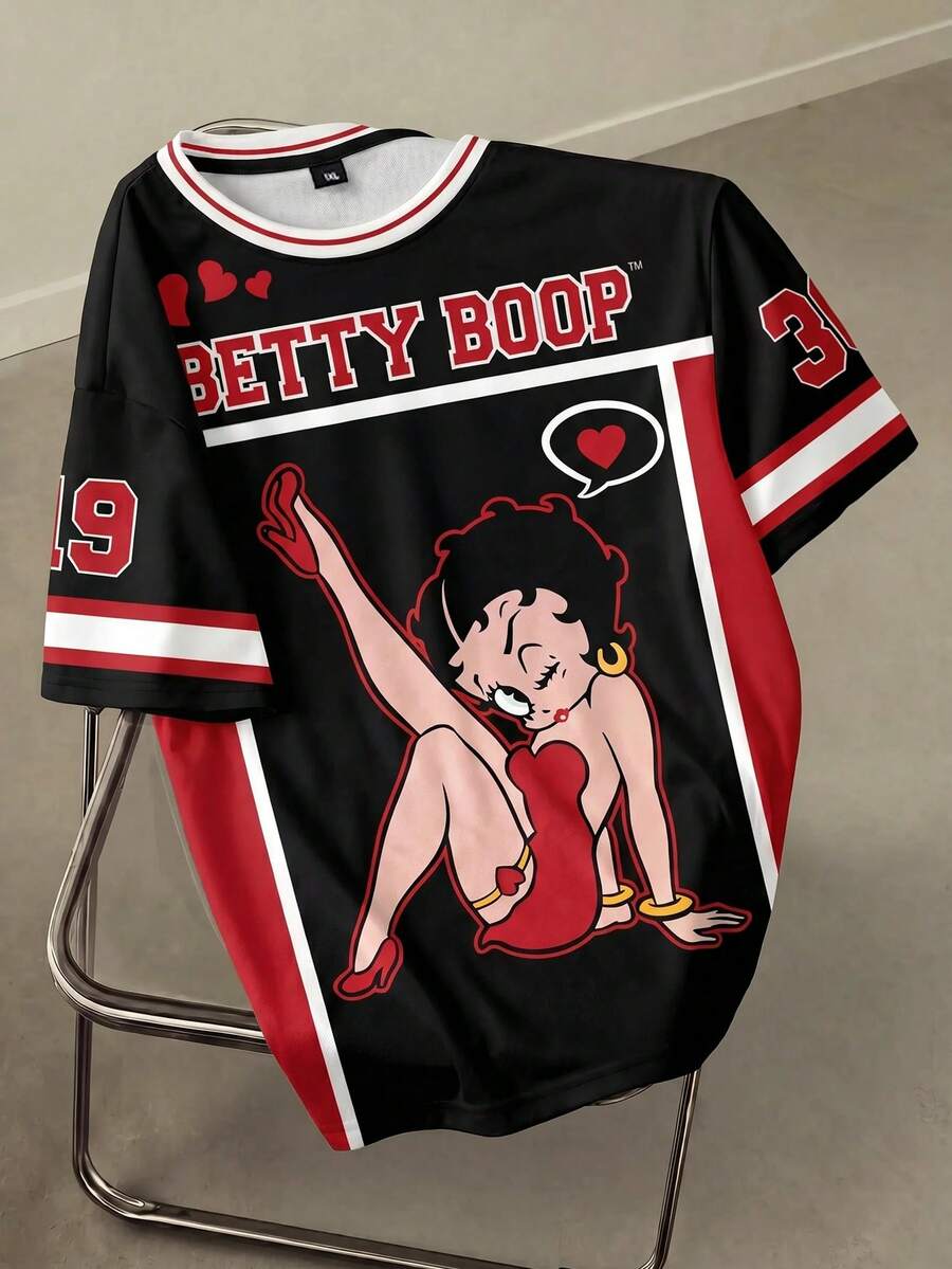 Betty Boop x SHEIN تي شيرت كاجوال مقاس كبير بتصميم كتل لونية ورسومات حروف وصور شخصية، رقبة دائرية وأكمام قصيرة، تي شيرت صيفي بطراز ريترو - أبيض - مشاهدة 1