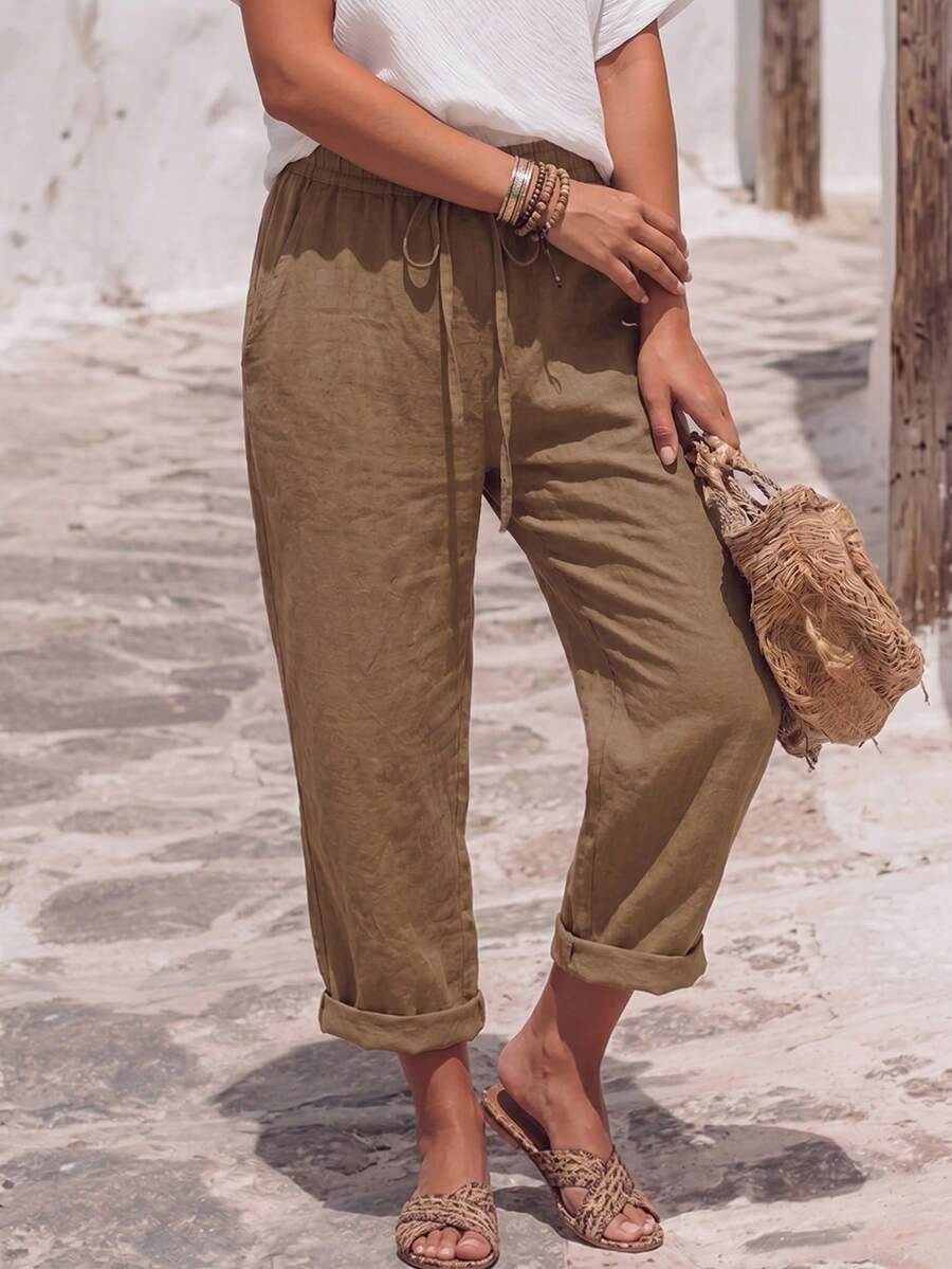 SHEIN Holidaya 女款素色抽繩腰休閒七分褲 夏季百搭