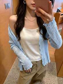 Tideelle 薄荷綠柔美風荷葉邊鏤空針織女款罩衫，夏季輕量防曬罩衫，寬鬆顯瘦長袖外套 - 淺藍色 - 查看 7