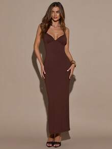 SHEIN BAE Women's Solid Coffee Brown Basic Minimalist Spaghetti Strap Dress With Built-In Padded Cups, Push-Up Fitted Straight Long Elegant Party Dinner Summer - Brown - View 4
