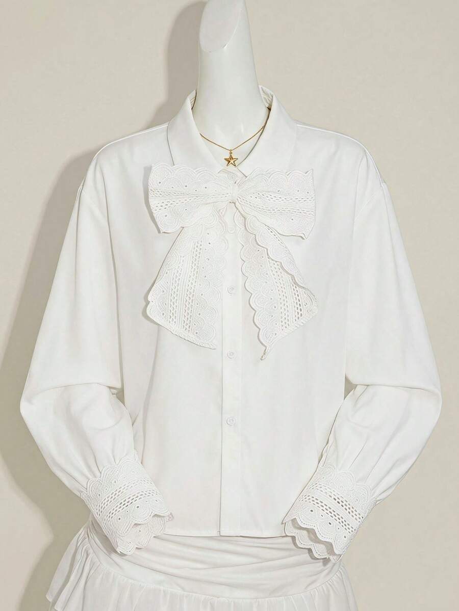 SHEIN Sweetra Young Blouse décontractée pour adolescentes, couleur unie, col cravate - Multicolore - Voir 1