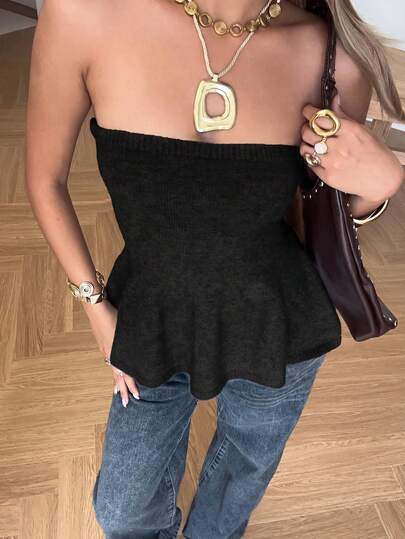 SHEIN EZwear Black Strapless Knit Top For Women Brunch Going Out Summer Sexy